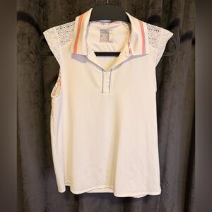 Lucky in Love White Polo with Lace and Pink Accents